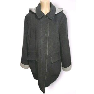 London Fog Women Charcoal Gray & Cream Wool Removable Hood Coat Sz XL Zip Front